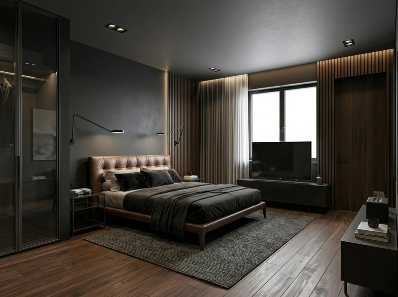 Дизайн спальни в стиле Блэктэк — фото интерьера от нейросети RoomGPT