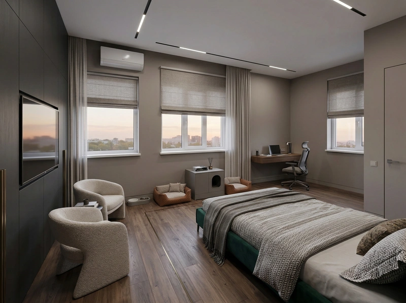 Дизайн спальни в стиле Контемпорари — фото интерьера от нейросети RoomGPT