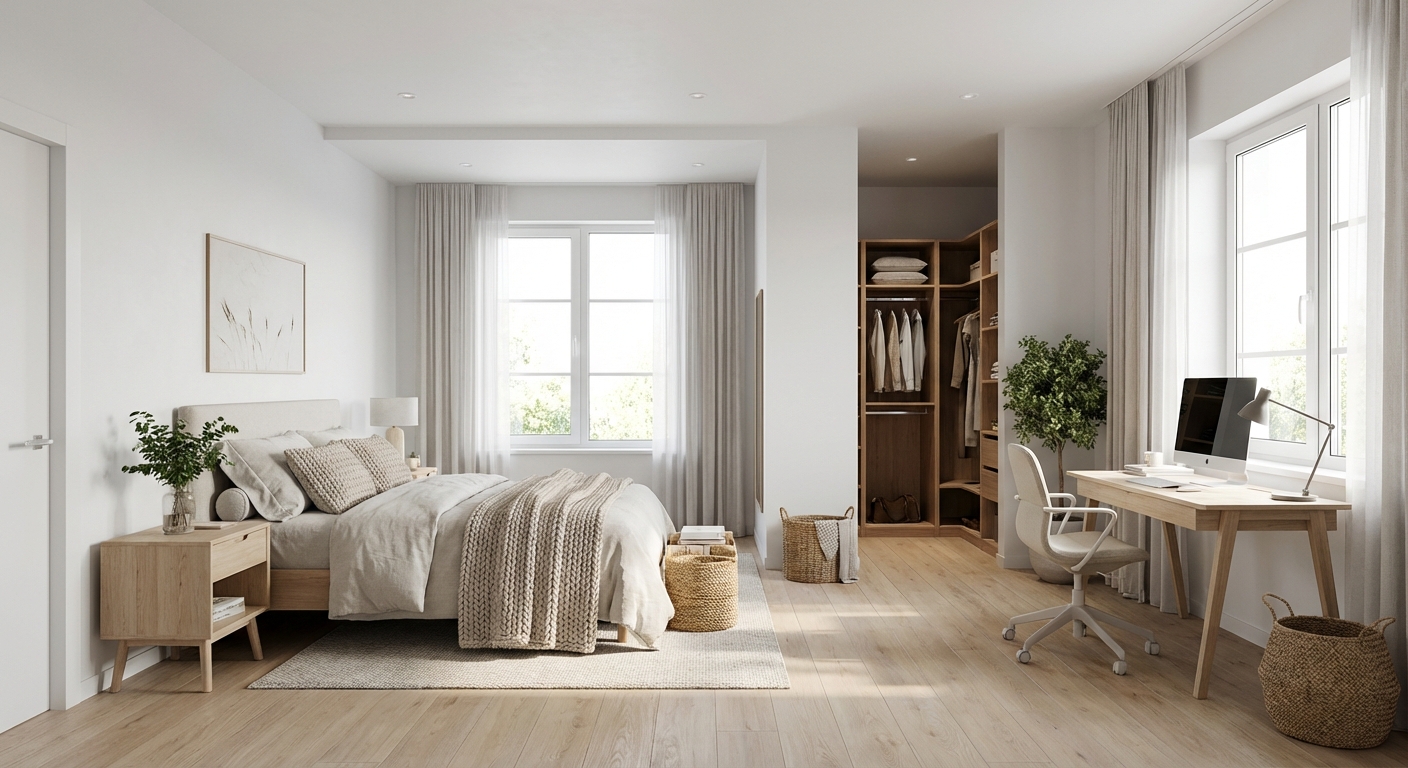 Дизайн спальни в стиле Сканди — фото интерьера от нейросети RoomGPT