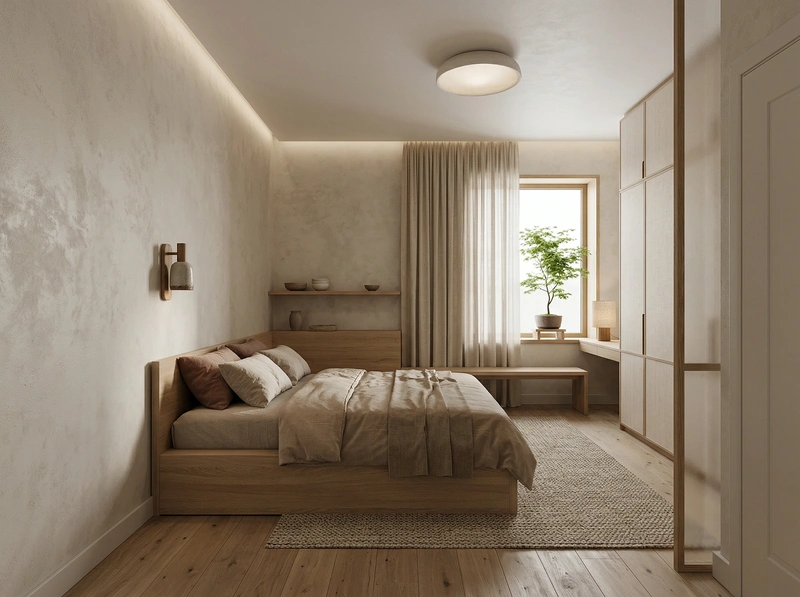 Дизайн спальни в стиле Japandi — фото интерьера от нейросети RoomGPT