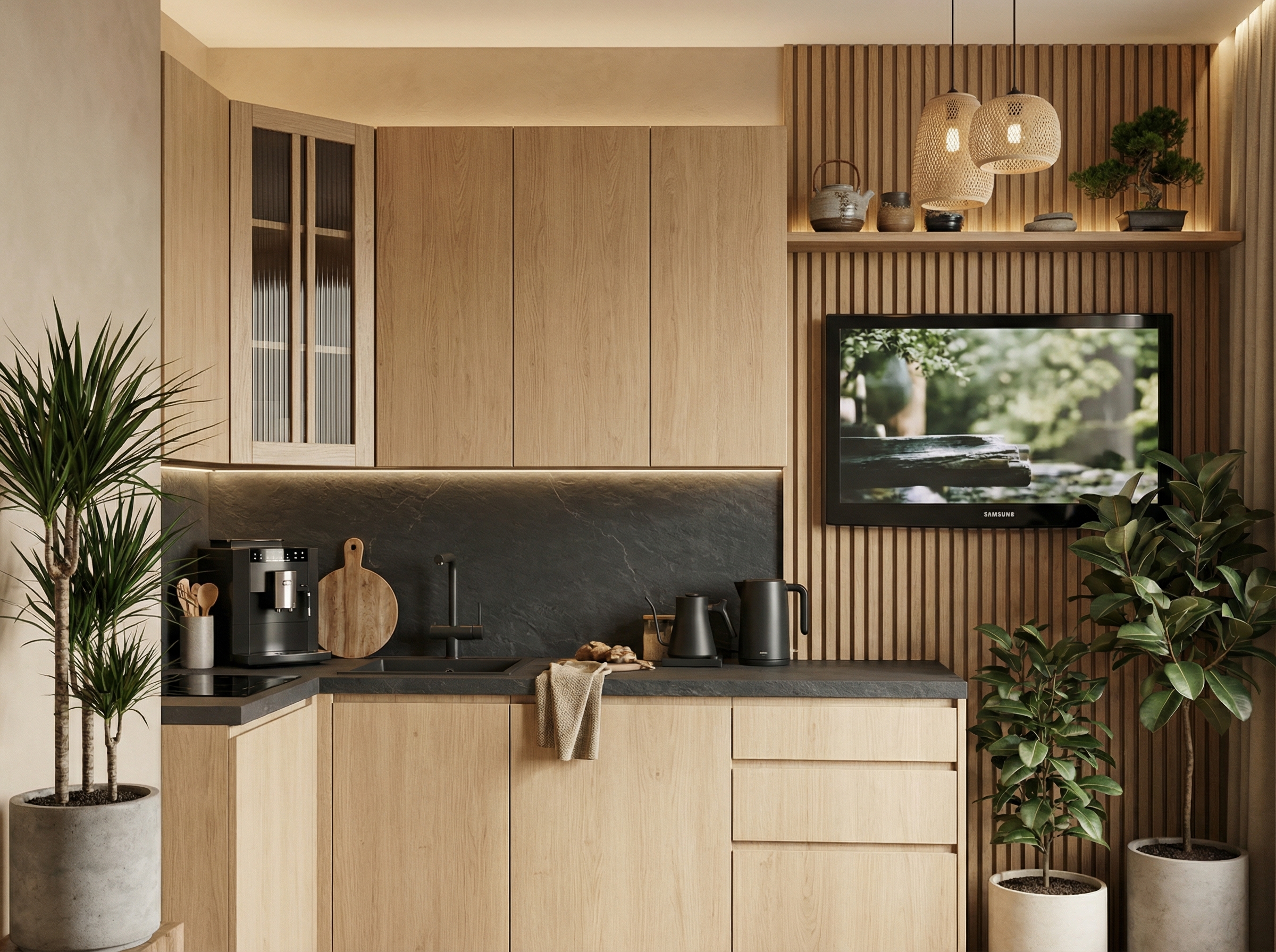 Дизайн кухни в стиле Japandi — фото интерьера от нейросети RoomGPT