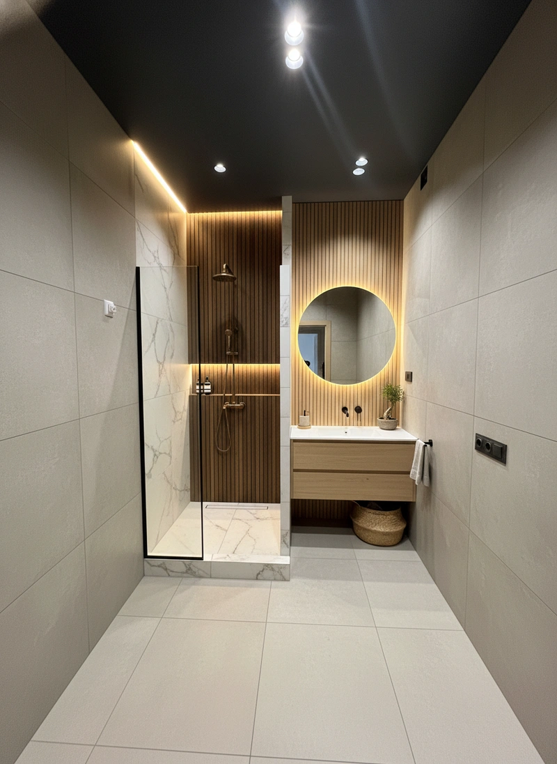 Дизайн ванной в стиле Japandi — фото интерьера от нейросети RoomGPT