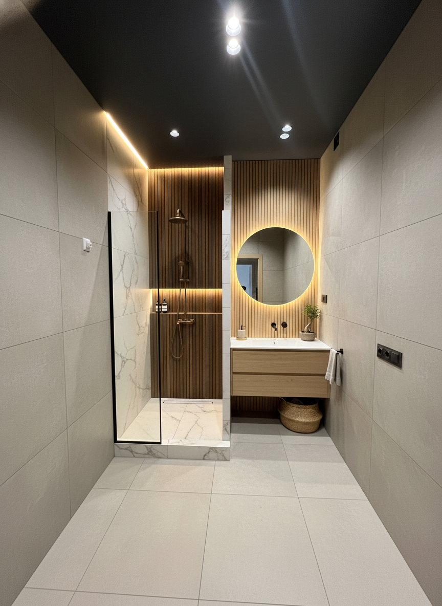 Дизайн ванной в стиле Japandi — фото интерьера от нейросети RoomGPT