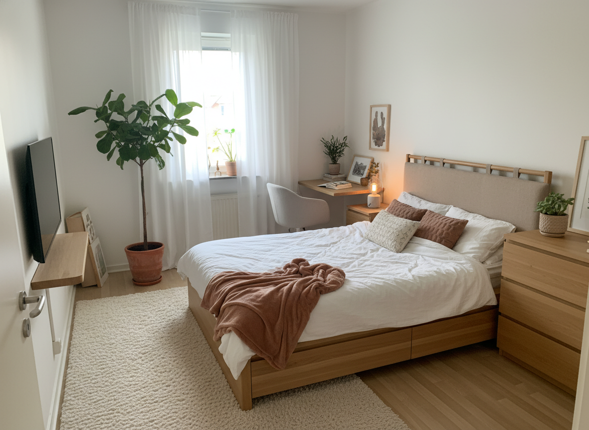 Дизайн спальни в стиле Хюгге — фото интерьера от нейросети RoomGPT