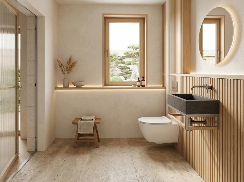 Дизайн ванной в стиле Japandi — фото интерьера от нейросети RoomGPT
