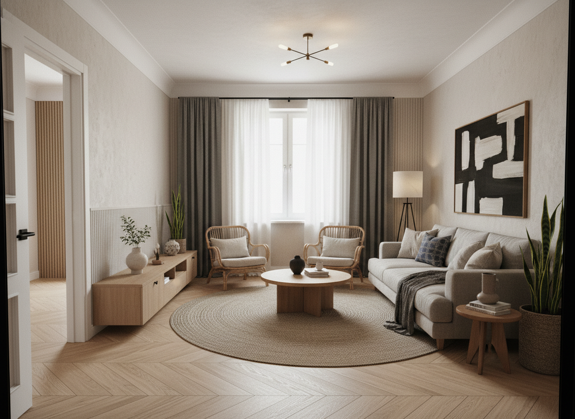 Дизайн гостиной в стиле Japandi — фото интерьера от нейросети RoomGPT