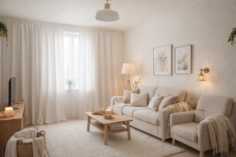 Дизайн гостиной в стиле Хюгге — фото интерьера от нейросети RoomGPT