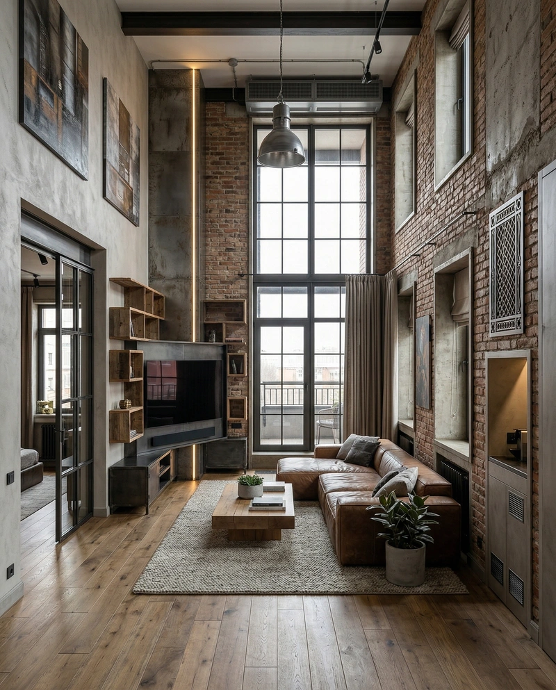 Дизайн гостиной в стиле Лофт — фото интерьера от нейросети RoomGPT