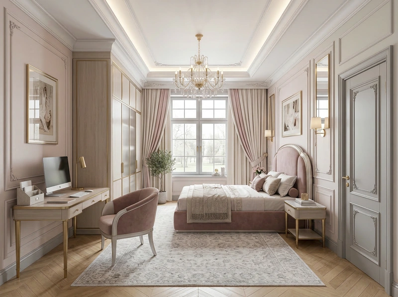 Дизайн спальни в стиле Неоклассика — фото интерьера от нейросети RoomGPT