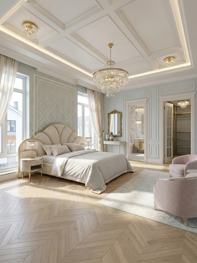 Дизайн спальни в стиле Неоклассика — фото интерьера от нейросети RoomGPT