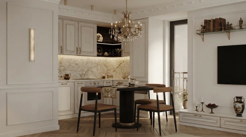 Дизайн кухни в стиле Классика — фото интерьера от нейросети RoomGPT