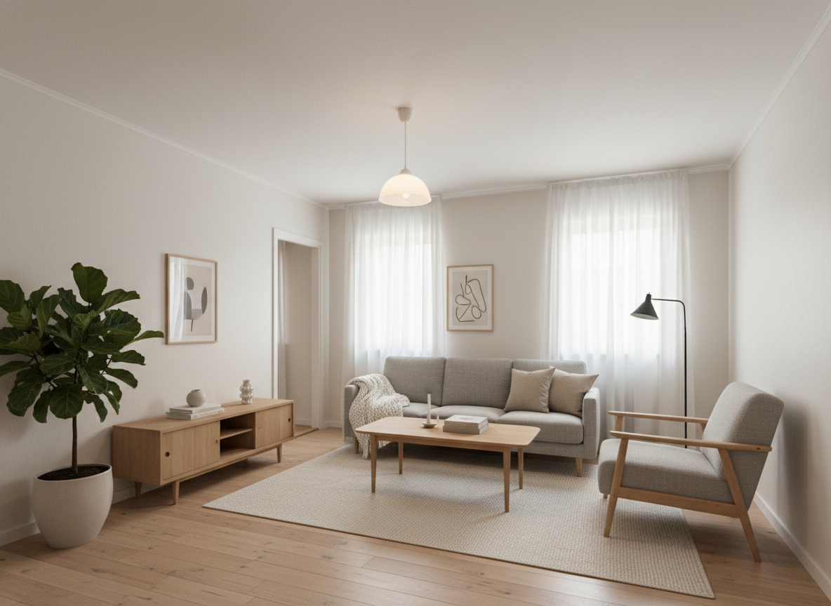 Дизайн гостиной в стиле Хюгге — фото интерьера от нейросети RoomGPT