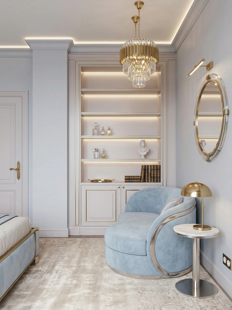 Дизайн спальни в стиле Неоклассика — фото интерьера от нейросети RoomGPT