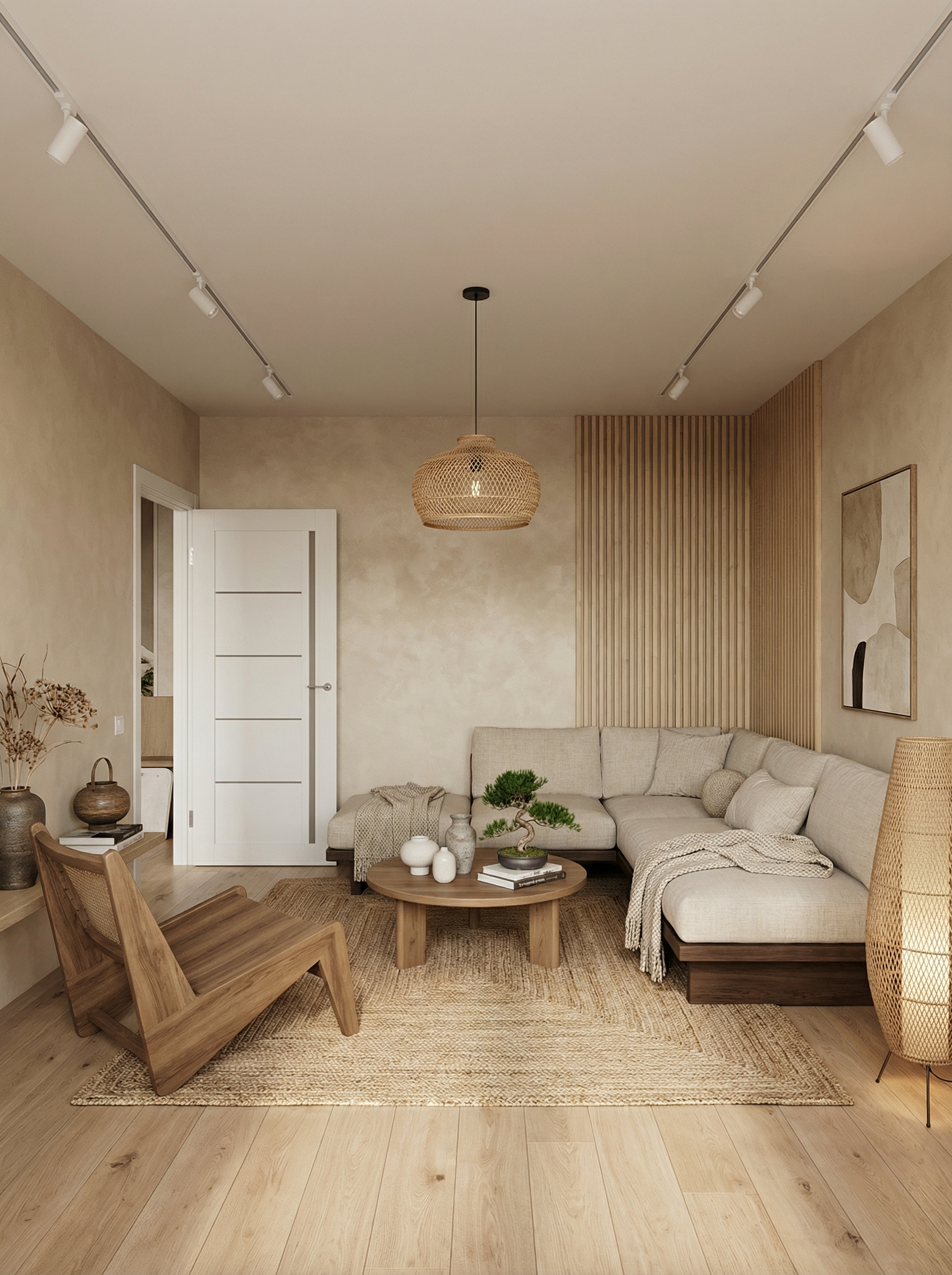 Дизайн гостиной в стиле Japandi — фото интерьера от нейросети RoomGPT