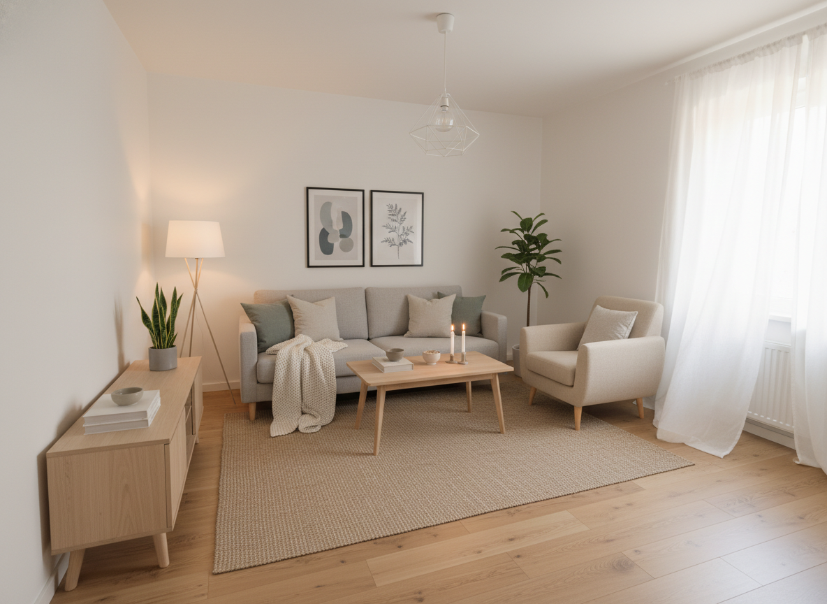 Дизайн гостиной в стиле Хюгге — фото интерьера от нейросети RoomGPT