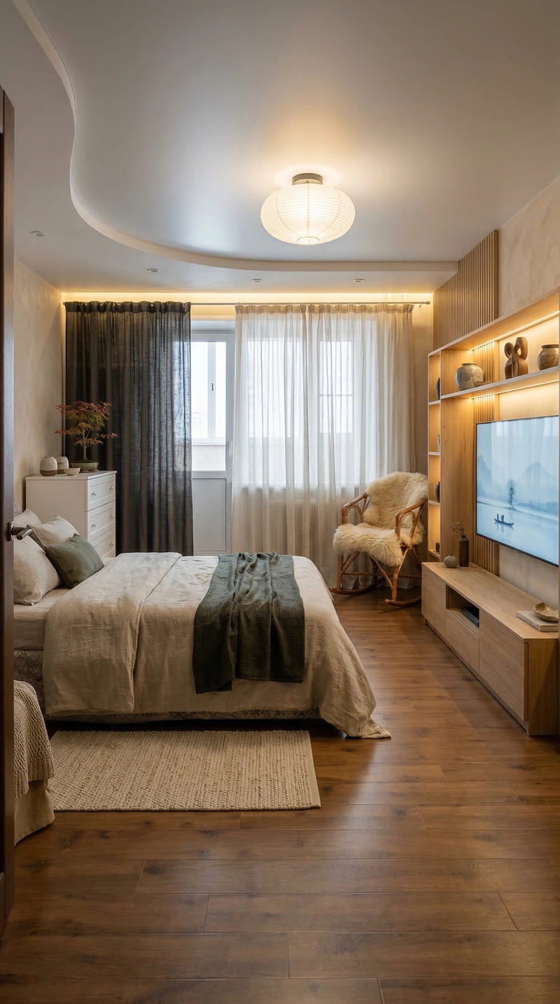 Дизайн спальни в стиле Japandi — фото интерьера от нейросети RoomGPT