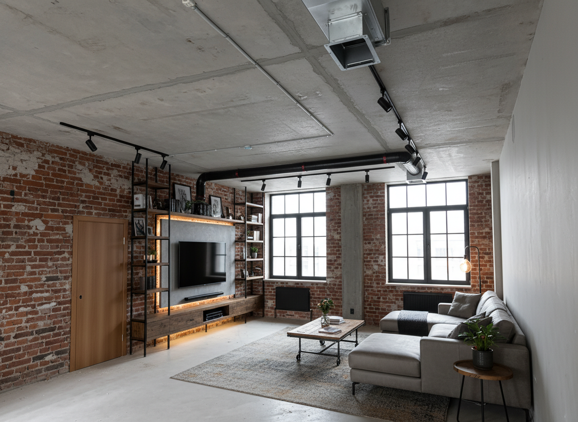 Дизайн гостиной в стиле Лофт — фото интерьера от нейросети RoomGPT
