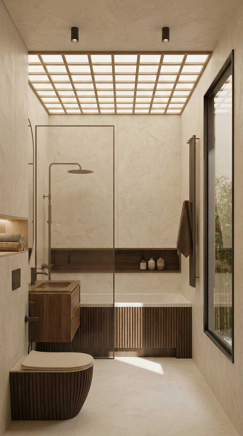 Дизайн ванной в стиле Japandi — фото интерьера от нейросети RoomGPT