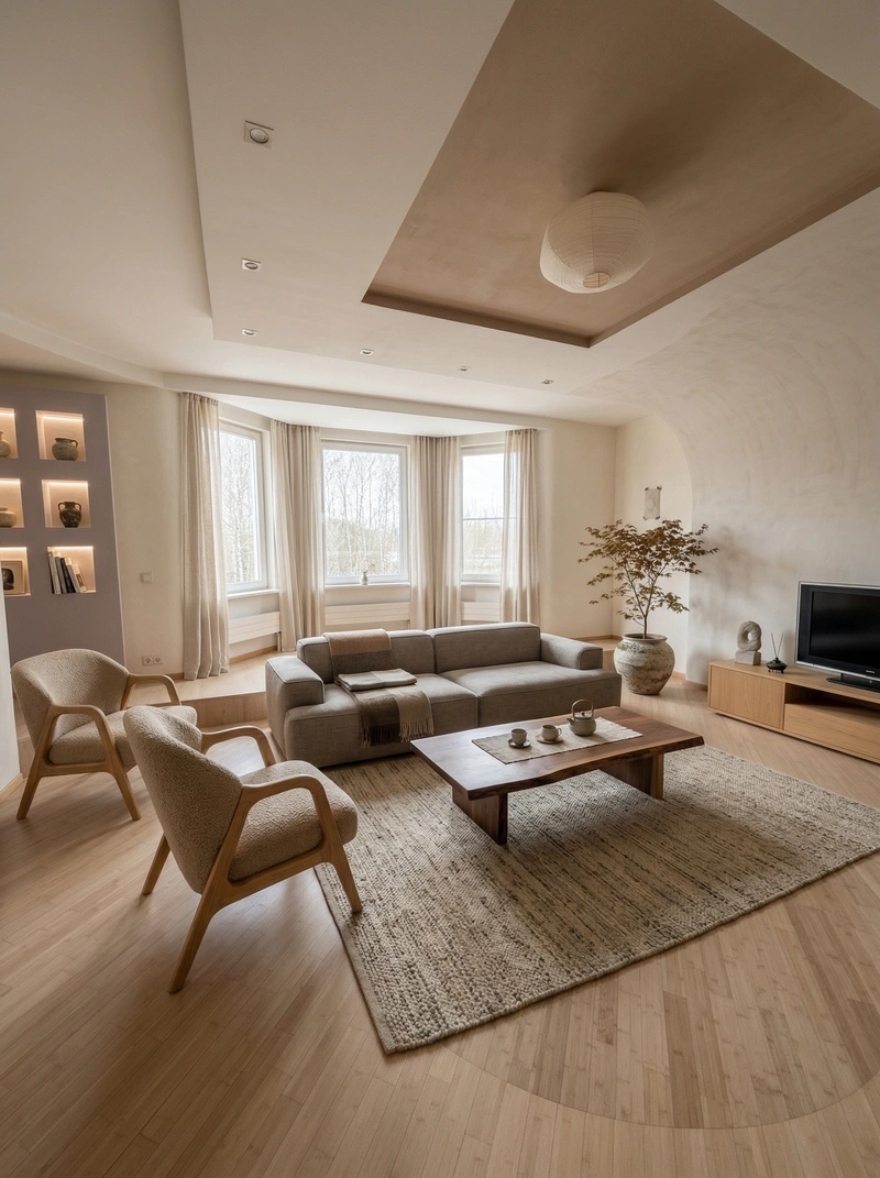 Дизайн гостиной в стиле Japandi — фото интерьера от нейросети RoomGPT