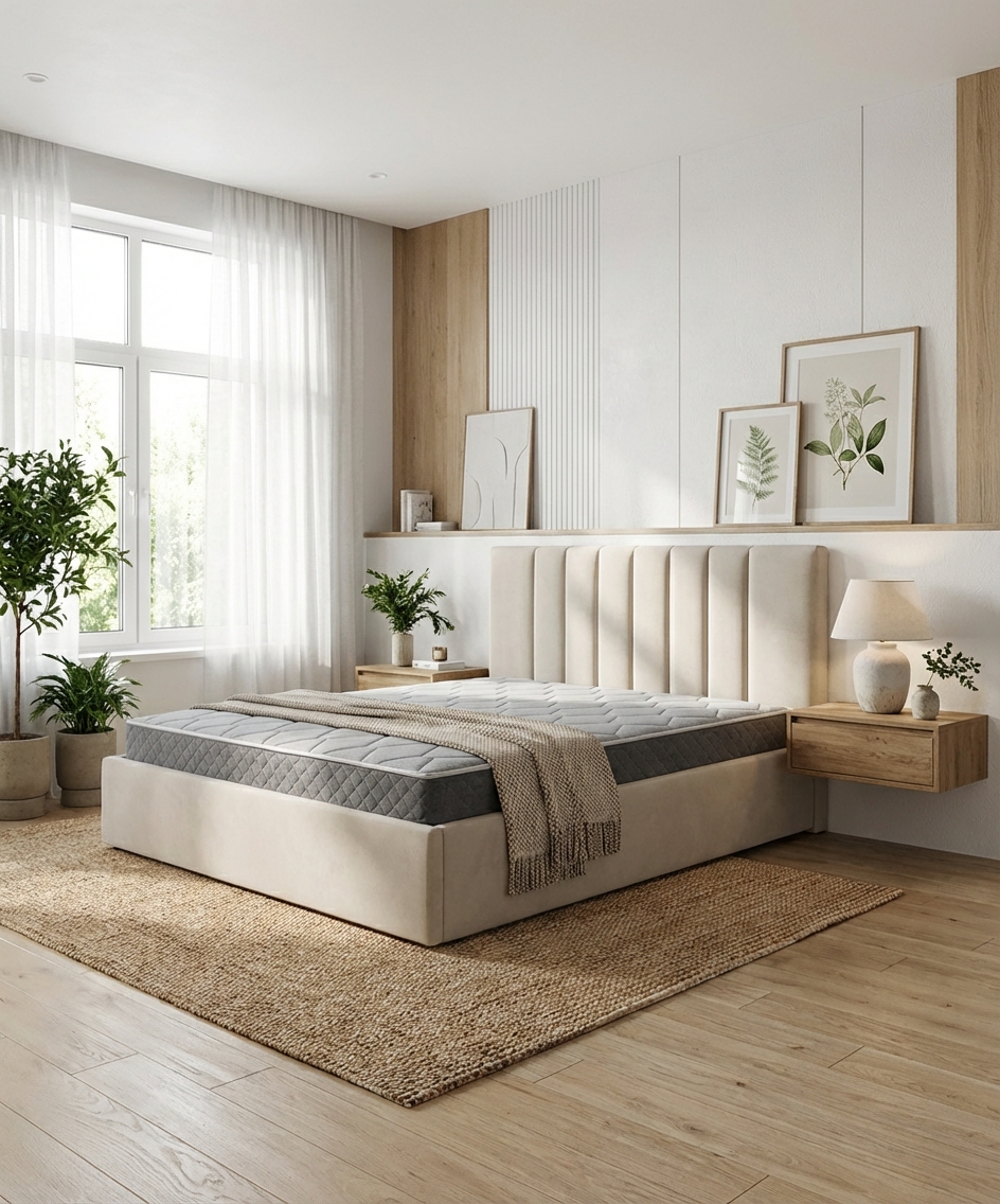 Дизайн спальни в стиле Сканди — фото интерьера от нейросети RoomGPT