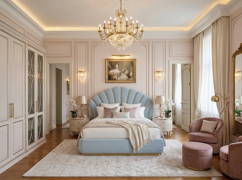 Дизайн спальни в стиле Неоклассика — фото интерьера от нейросети RoomGPT