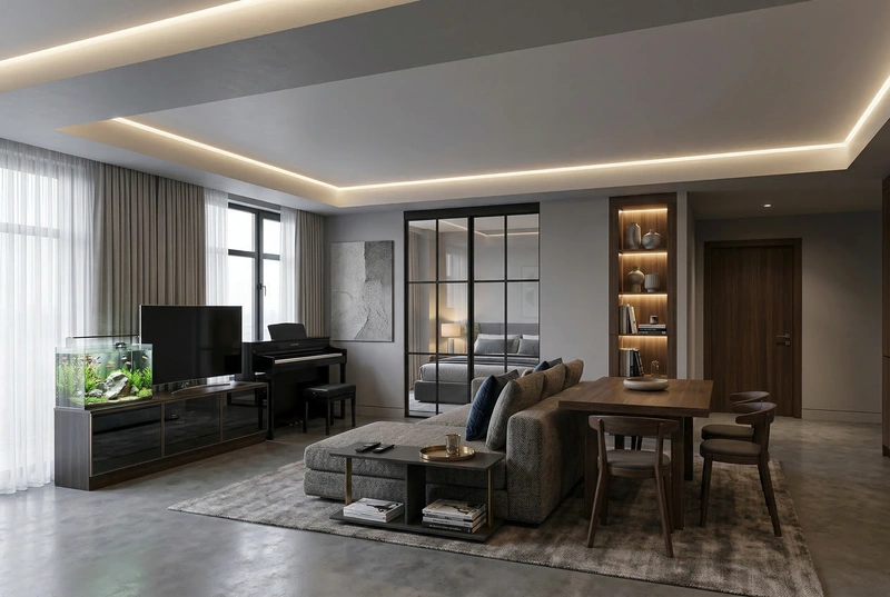 Дизайн гостиной в стиле Контемпорари — фото интерьера от нейросети RoomGPT