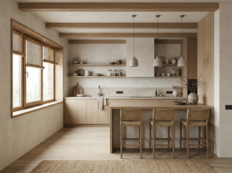 Дизайн кухни в стиле Japandi — фото интерьера от нейросети RoomGPT