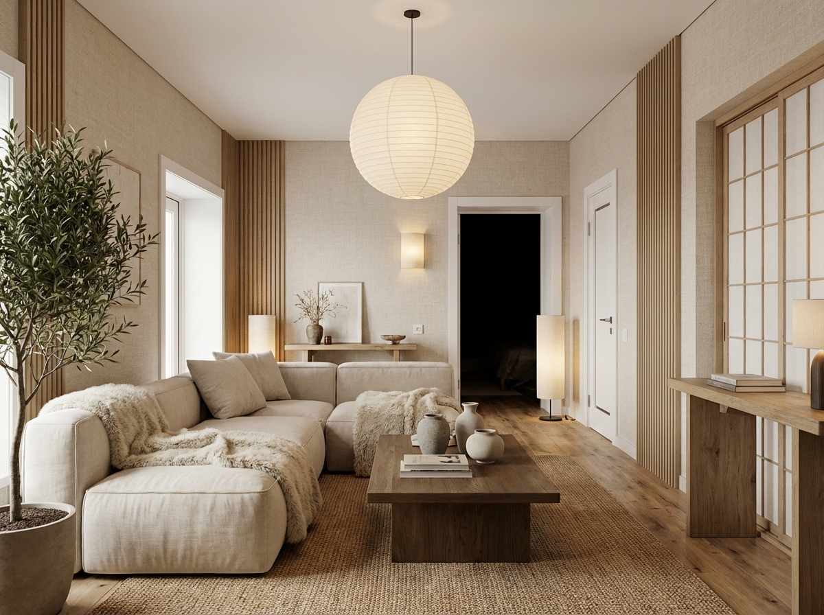 Дизайн гостиной в стиле Japandi — фото интерьера от нейросети RoomGPT