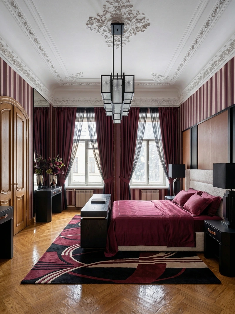 Дизайн спальни в стиле Блэктэк — фото интерьера от нейросети RoomGPT