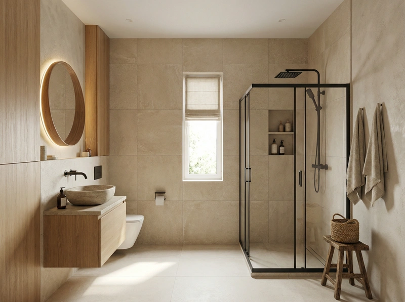 Дизайн ванной в стиле Japandi — фото интерьера от нейросети RoomGPT