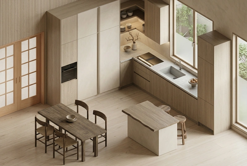Дизайн кухни в стиле Japandi — фото интерьера от нейросети RoomGPT