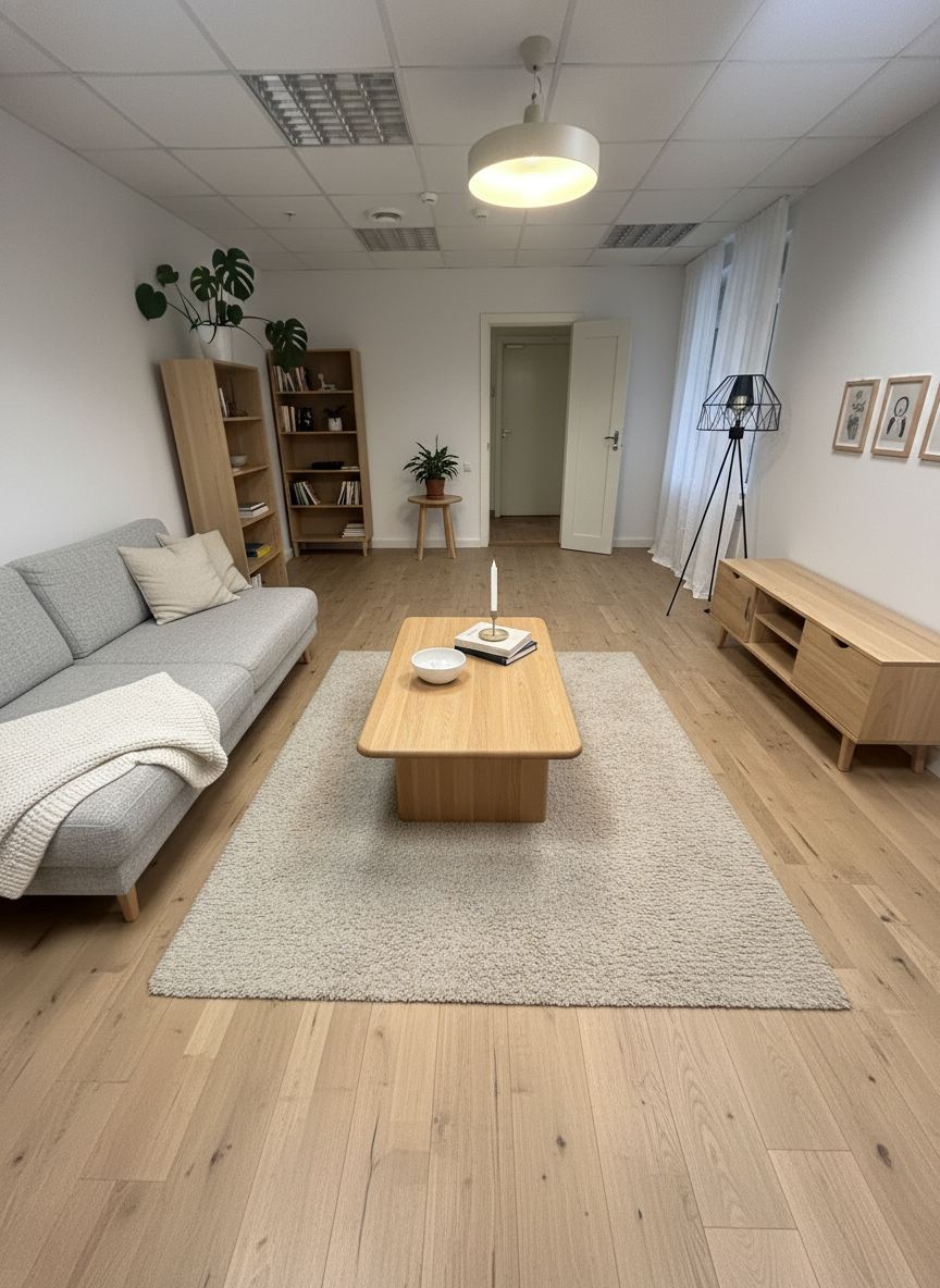 Дизайн гостиной в стиле Хюгге — фото интерьера от нейросети RoomGPT