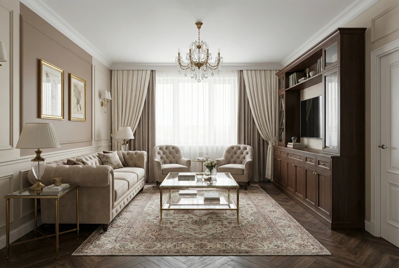 Дизайн гостиной в стиле Классика — фото интерьера от нейросети RoomGPT