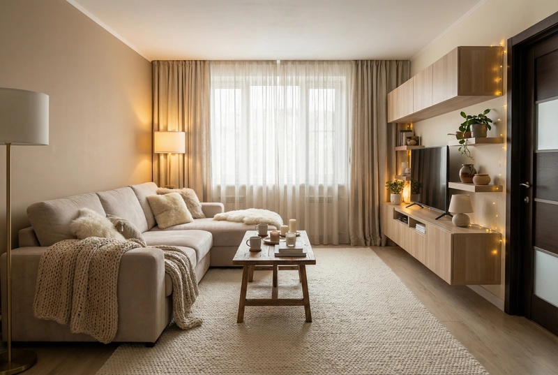 Дизайн гостиной в стиле Хюгге — фото интерьера от нейросети RoomGPT