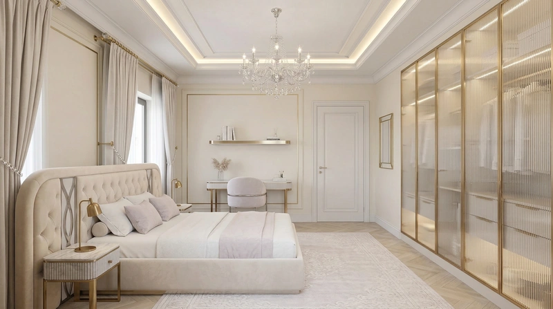 Дизайн спальни в стиле Неоклассика — фото интерьера от нейросети RoomGPT