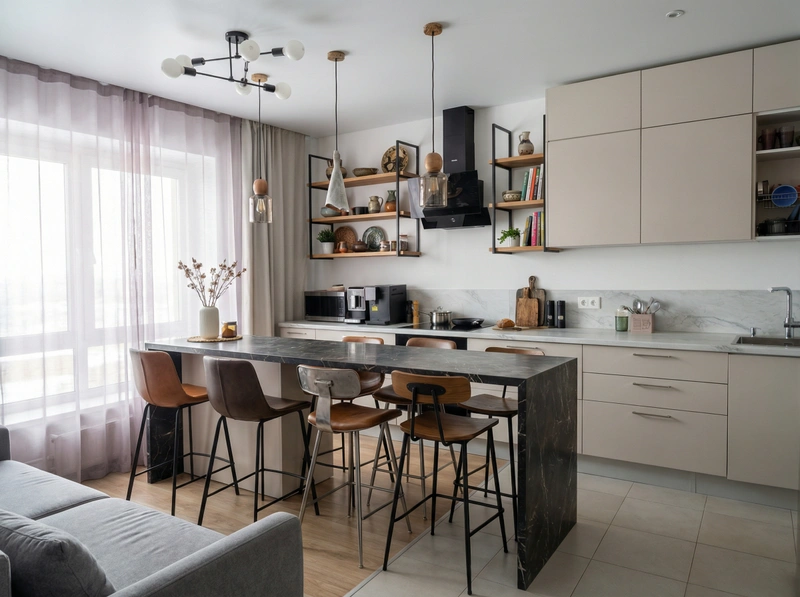 Дизайн интерьера в стиле Эклектика — Кухня от нейросети RoomGPT