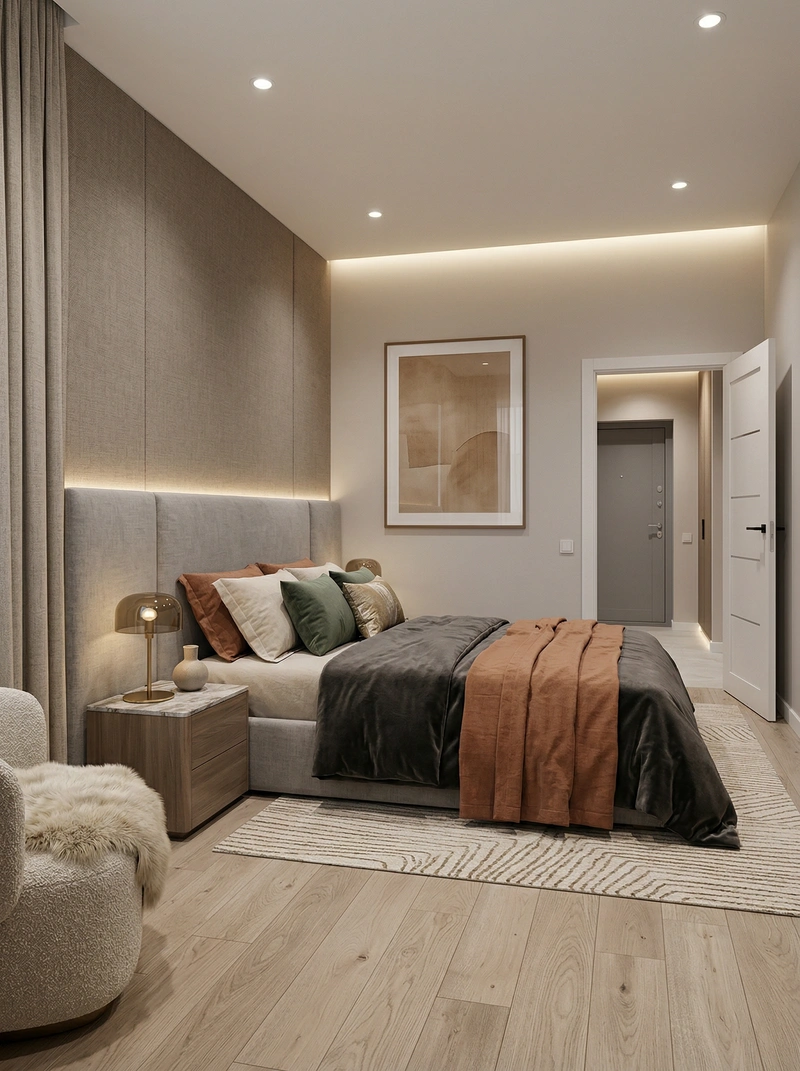Дизайн спальни в стиле Контемпорари — фото интерьера от нейросети RoomGPT