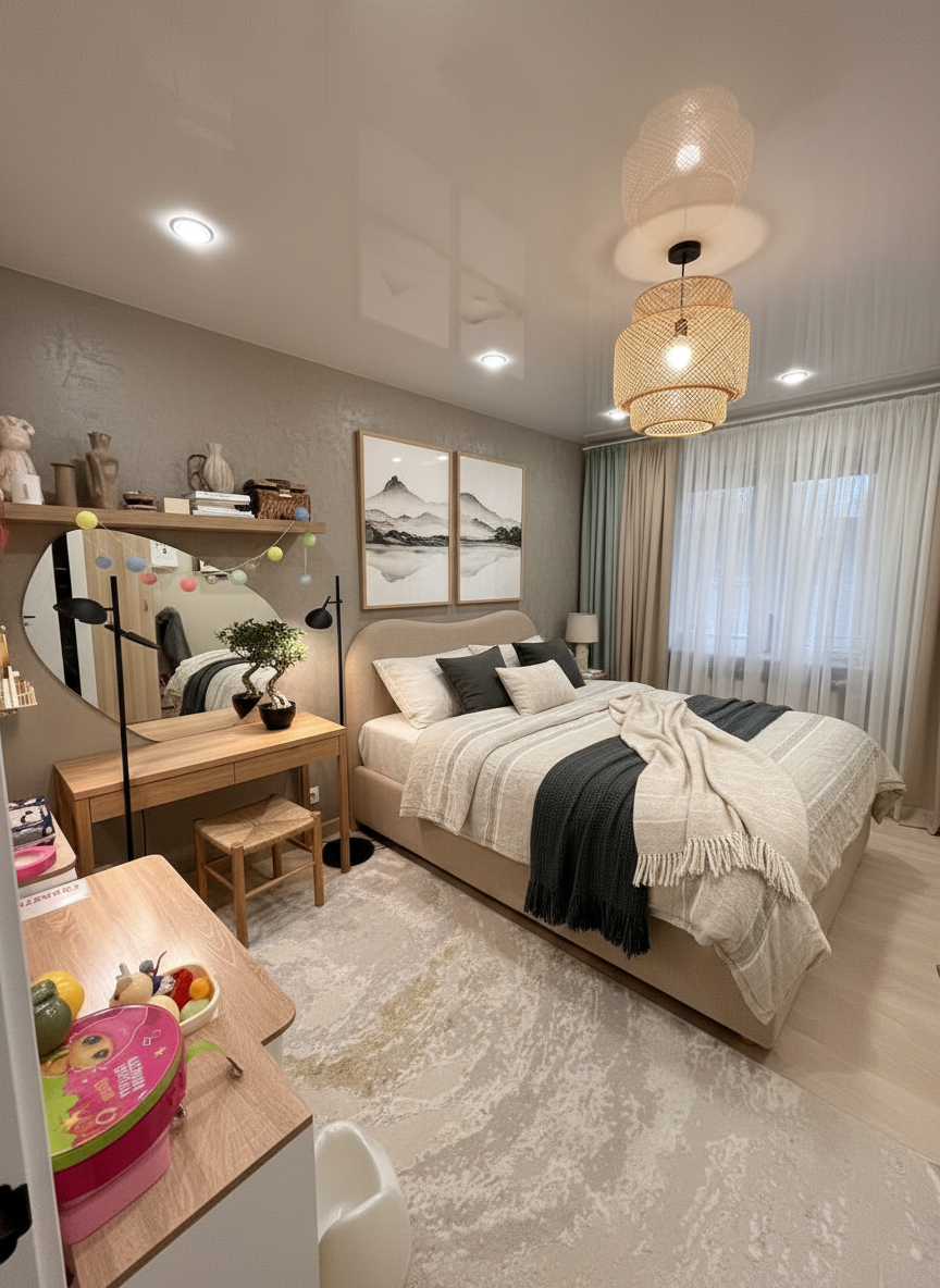 Дизайн спальни в стиле Japandi — фото интерьера от нейросети RoomGPT