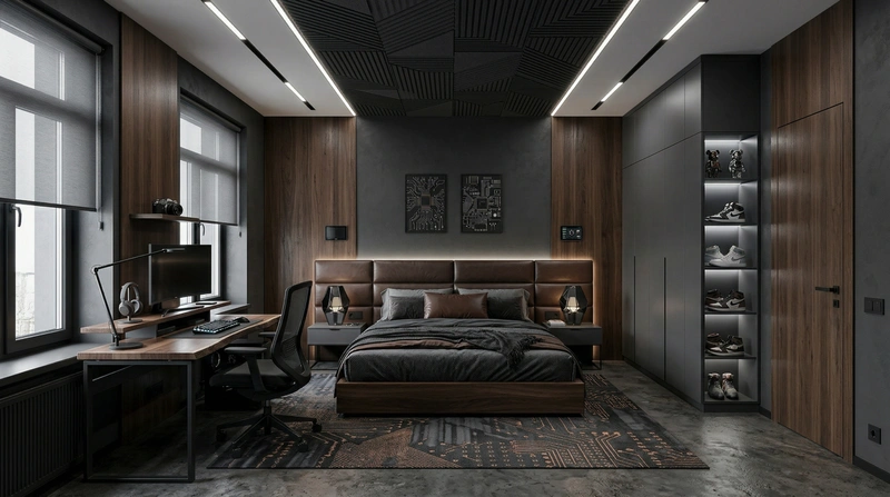 Дизайн спальни в стиле Блэктэк — фото интерьера от нейросети RoomGPT