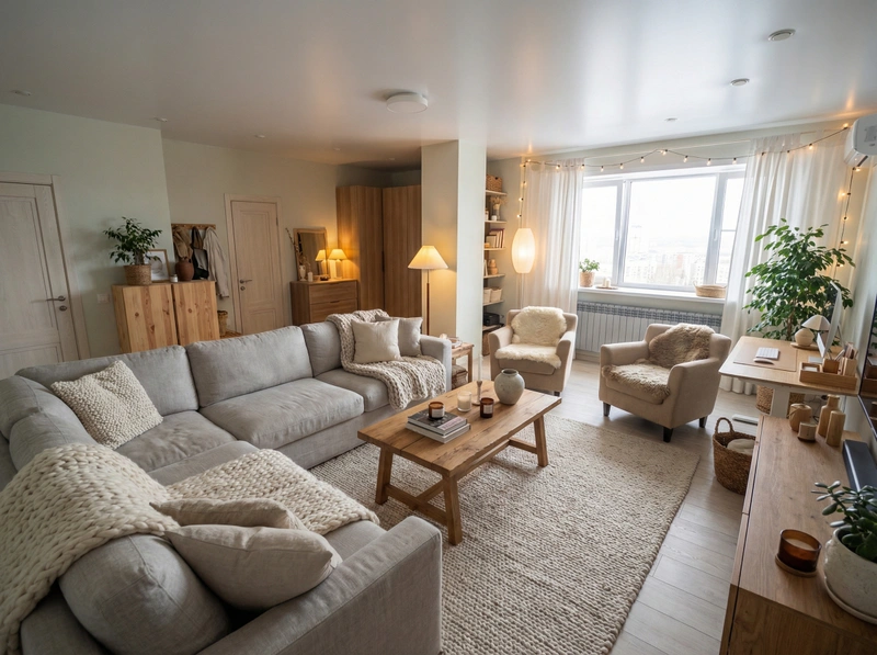 Дизайн интерьера в стиле Хюгге — Гостиная от нейросети RoomGPT