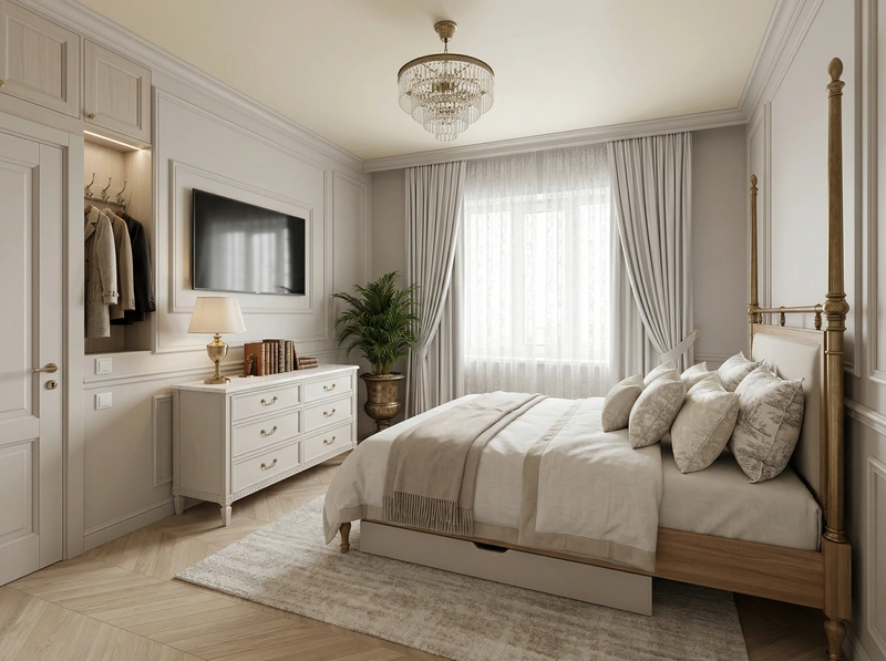 Дизайн спальни в стиле Классика — фото интерьера от нейросети RoomGPT