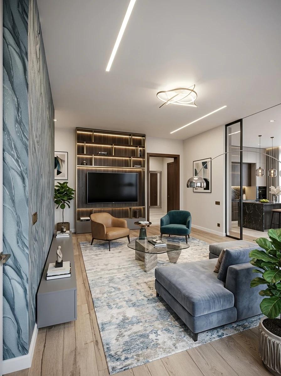 Дизайн гостиной в стиле Контемпорари — фото интерьера от нейросети RoomGPT
