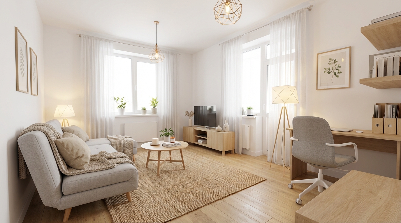 Дизайн гостиной в стиле Хюгге — фото интерьера от нейросети RoomGPT