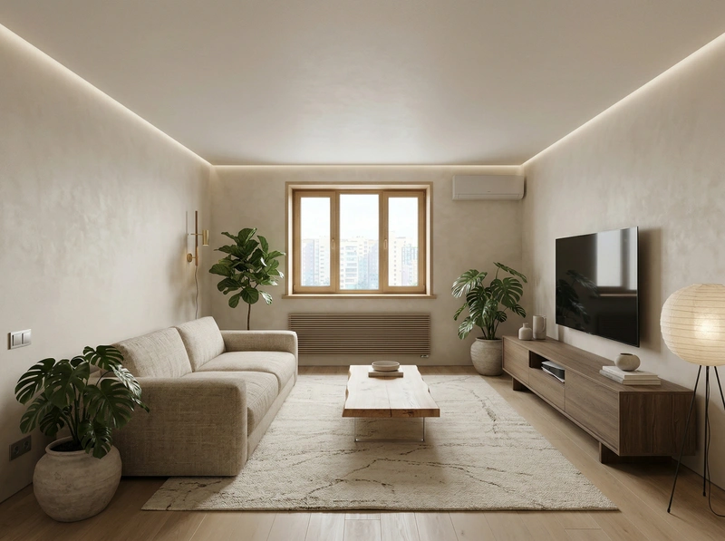 Дизайн гостиной в стиле Japandi — фото интерьера от нейросети RoomGPT