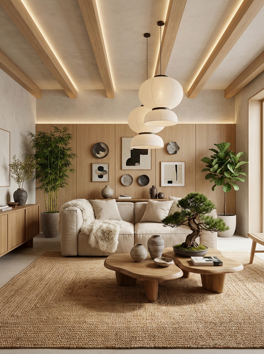 Дизайн гостиной в стиле Japandi — фото интерьера от нейросети RoomGPT