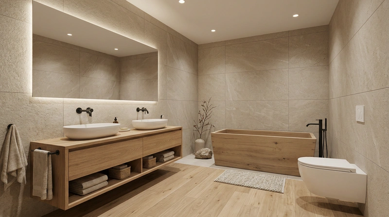 Дизайн ванной в стиле Japandi — фото интерьера от нейросети RoomGPT