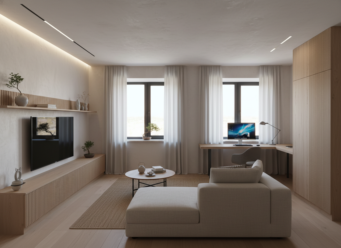 Дизайн гостиной в стиле Japandi — фото интерьера от нейросети RoomGPT