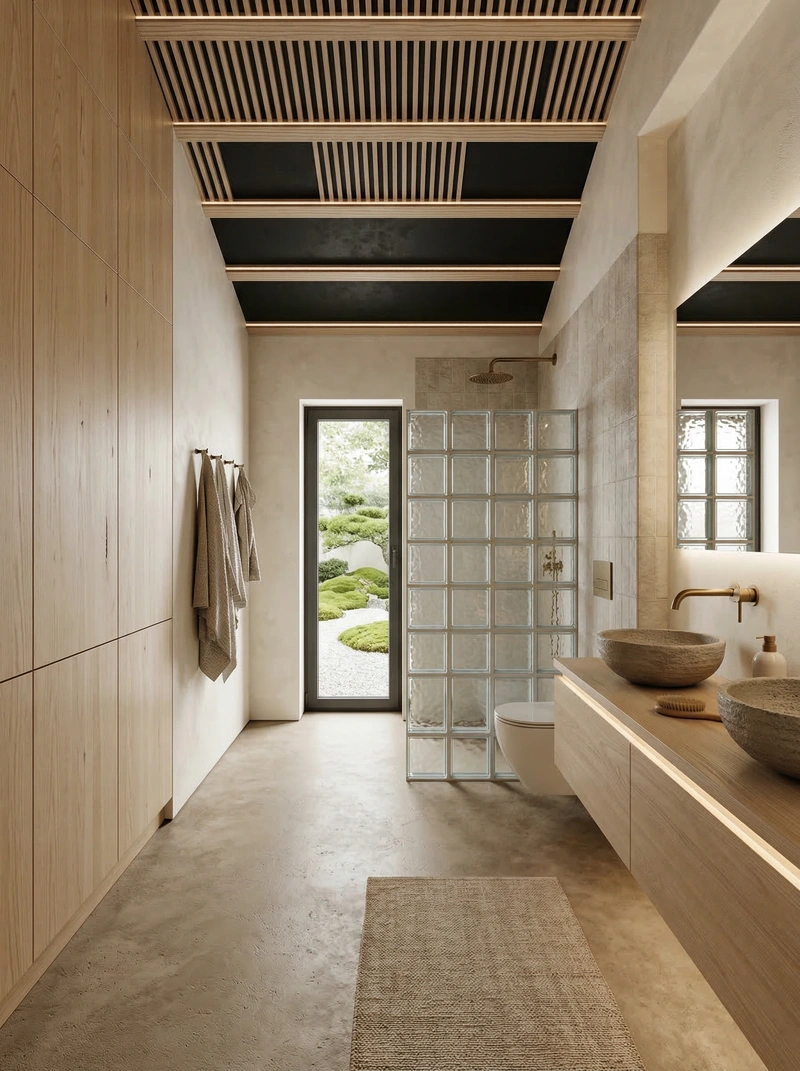 Дизайн ванной в стиле Japandi — фото интерьера от нейросети RoomGPT