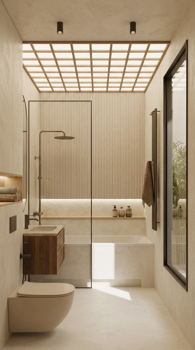 Дизайн ванной в стиле Japandi — фото интерьера от нейросети RoomGPT