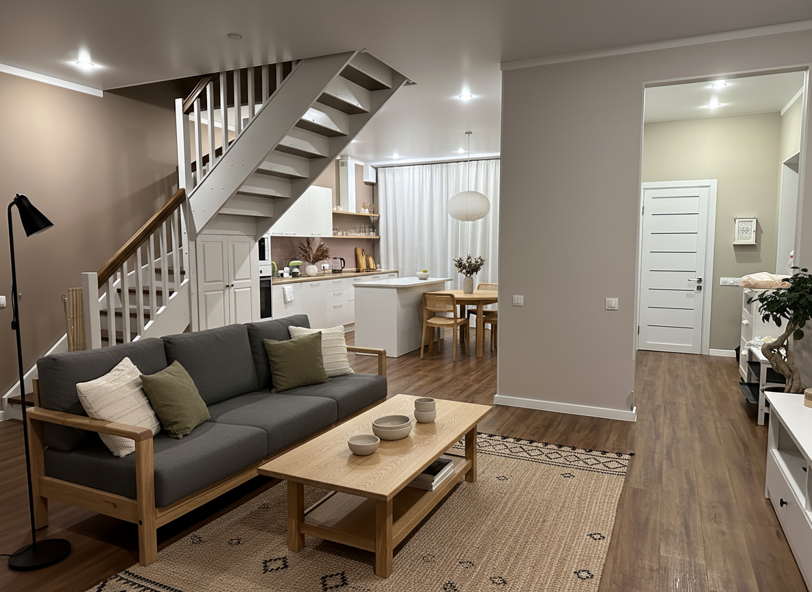 Дизайн гостиной в стиле Japandi — фото интерьера от нейросети RoomGPT